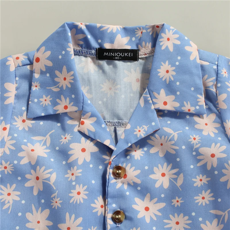 

2 Pieces Kids Suit Set, Summer Daisy Turn-Down Collar Short Sleeve Shirt+ Solid Color Shorts for Boys, 1-6 Years