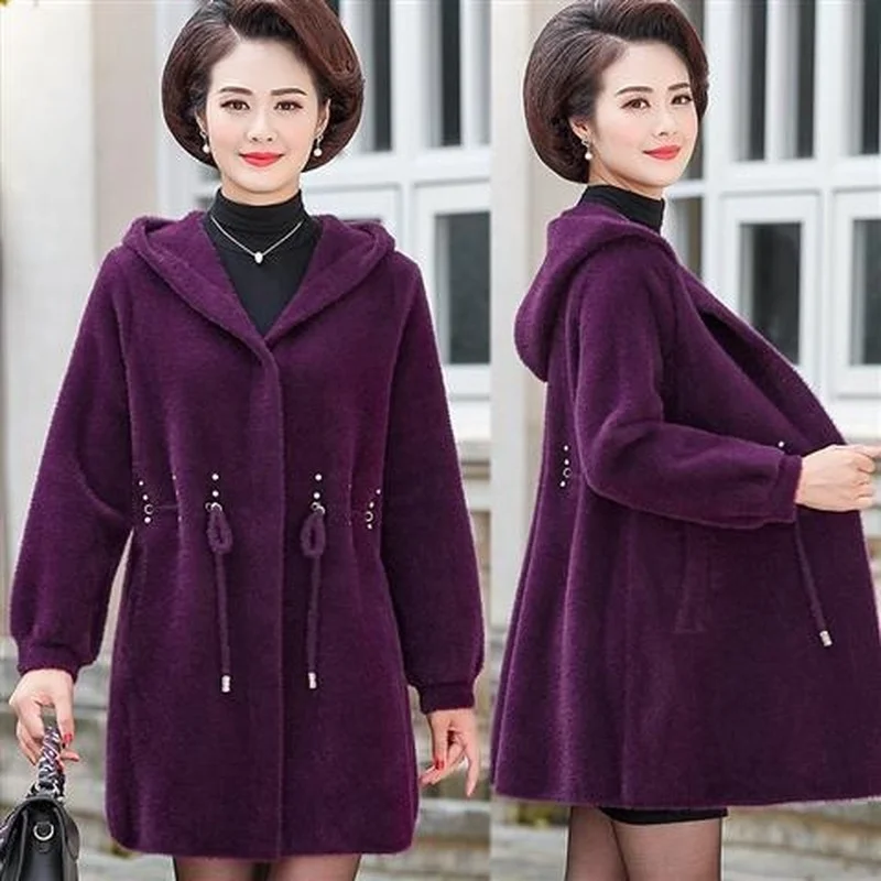 Купить Женский вязаный кардиган с капюшоном из меха норки, модный осенний свободный свитер с длинным рукавом, повседневные толстые однотонные жен...