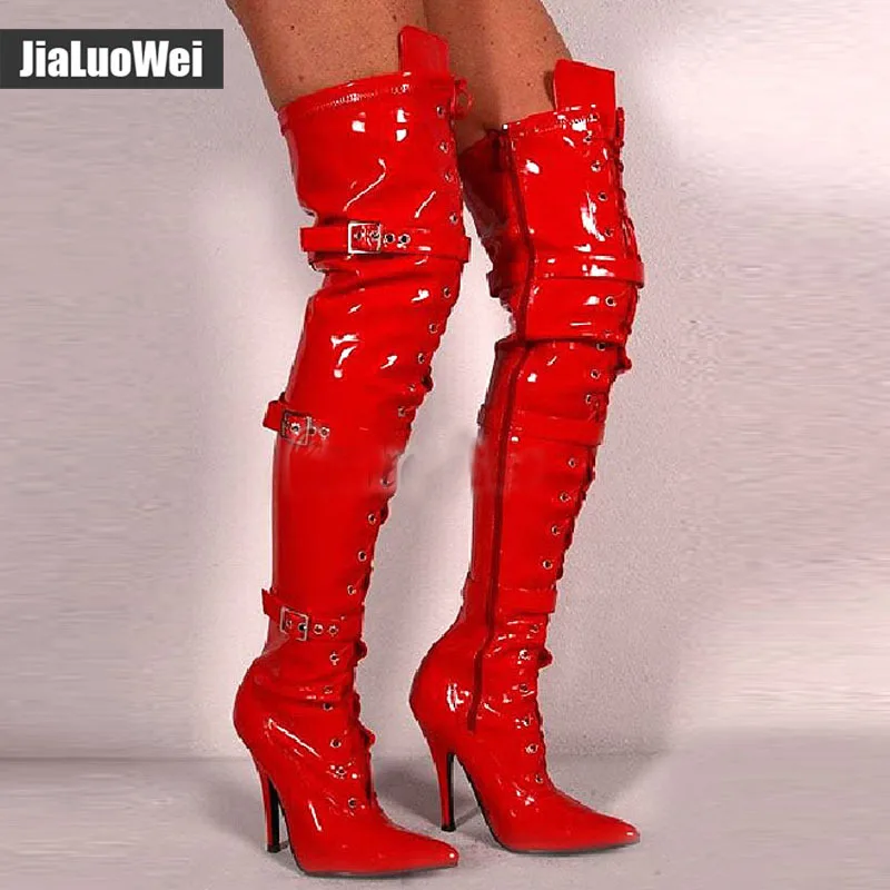 Ботфорты выше колена с острым носком лакированные ботфорты на тонком каблуке 12