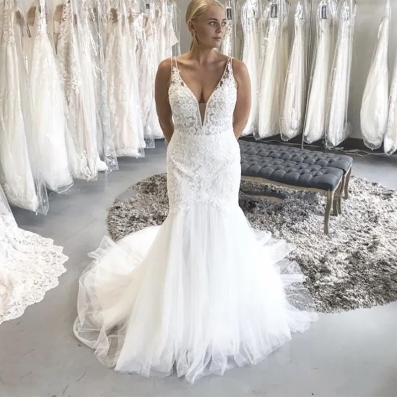 Русалка Свадебные платья 2020 v образным вырезом кружева аппликации с открытой