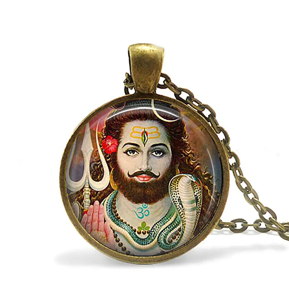 

Vintage India Religion Necklace God Brahma Lord Shiva Vishnu Jewelry Glass Cabochon Pendant Chain Necklaces Religion Jewelry