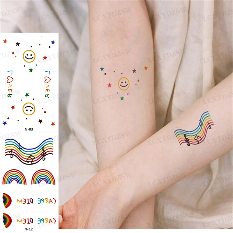 2Pcs Temporary Tattoo Sticker Cute Color Smile Face Rainbow Waterproof False Tattoo Decal Boy Girl Arm Leg Shoulder Body Art