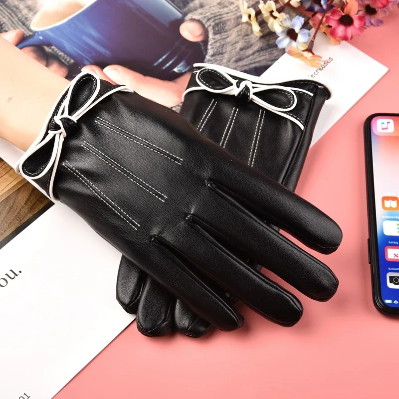 Маленький бант черный и белый край осень зима плюс бархат Теплый Сенсорный экран