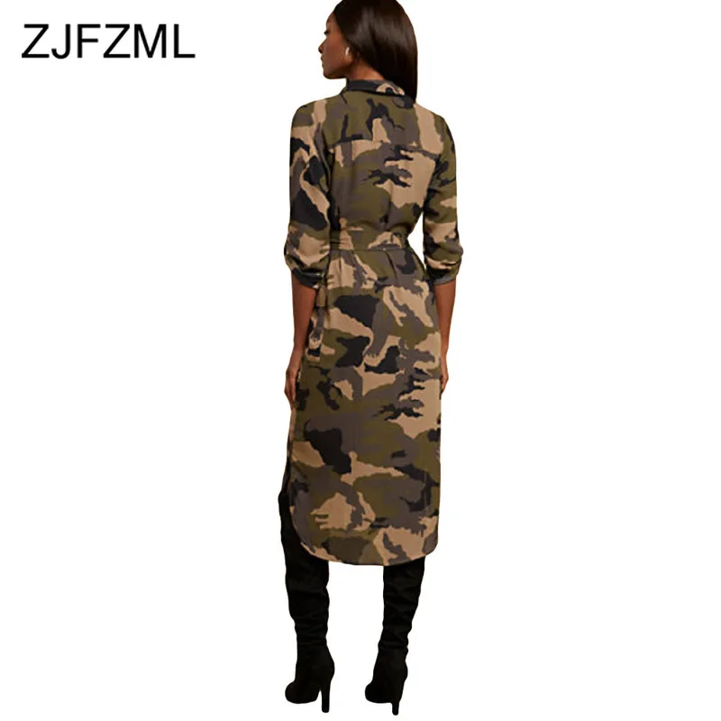 

Camouflage Side Slit Sexy Maxi Dress Women Tuen Down Collar Button Up Long Sleeve Shirt Dress Plus Size Ladies Slim Autumn Dress