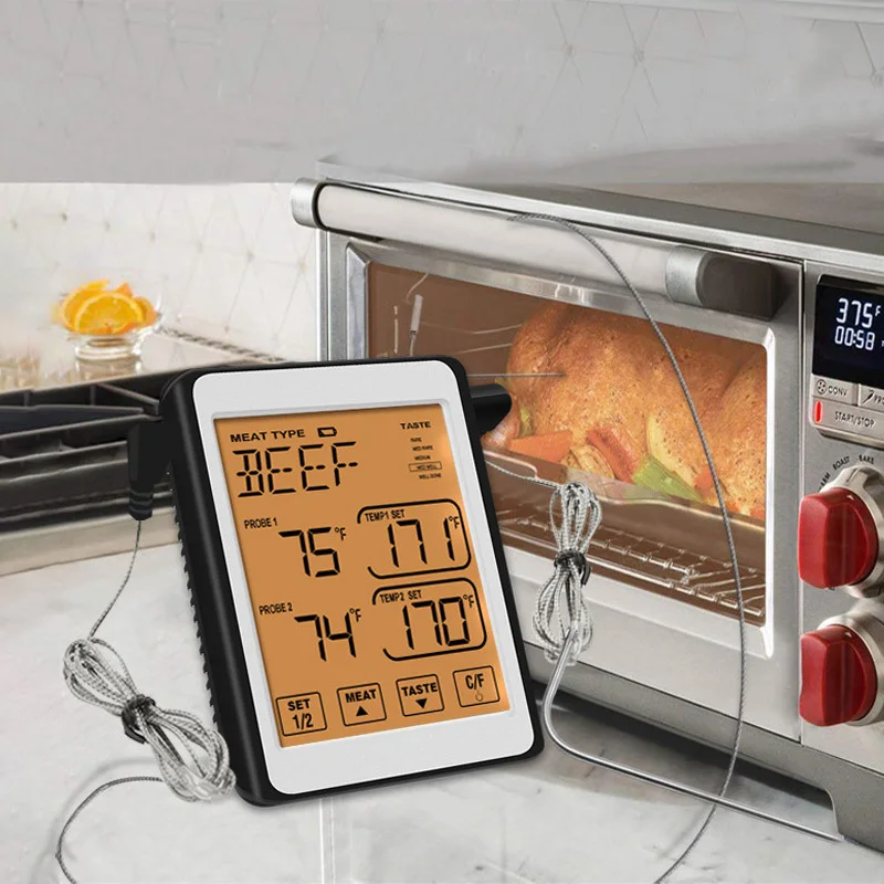 

Touch Screen BBQ Thermometer Digital Oven Thermometer for Food Cooking Kitchen Meat Smoker with Two 304 Stainless Steel Probe
