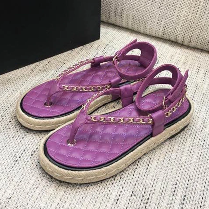 

Ollymurs New White Pink Luxury Brand Leather Sandals Flats Sexy Chain Espadrilles Women Sandals 2021