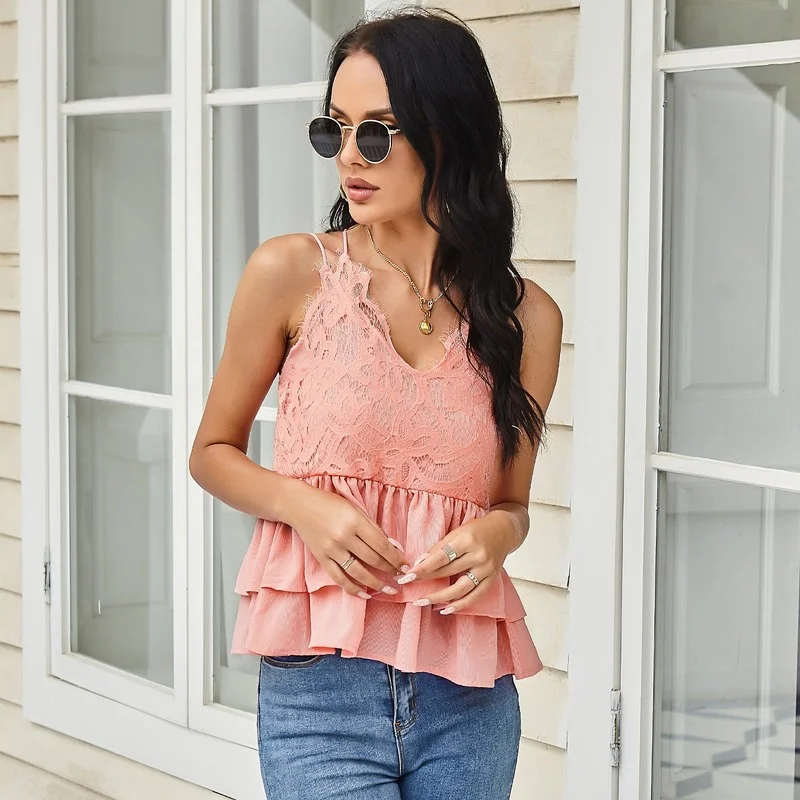 

Women Lace Sling Vest Spring and Summer 2021 Hot Temperament Commuter Solid Color Sling Lace Tank Top Women Layer Vest Cloth