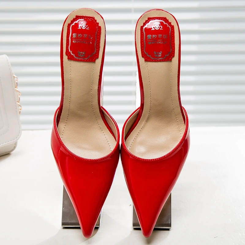 

Womens Pointy Toe Patent Leather Sexy Slippers Stilettos High Heel Shoes Summer Female Shoes V16