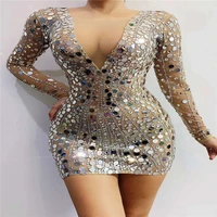 r46 sexy female pole dance thinestones dress stretched long sleeve bag hip skirt mirror outfit bar catwalk crystal costume disco