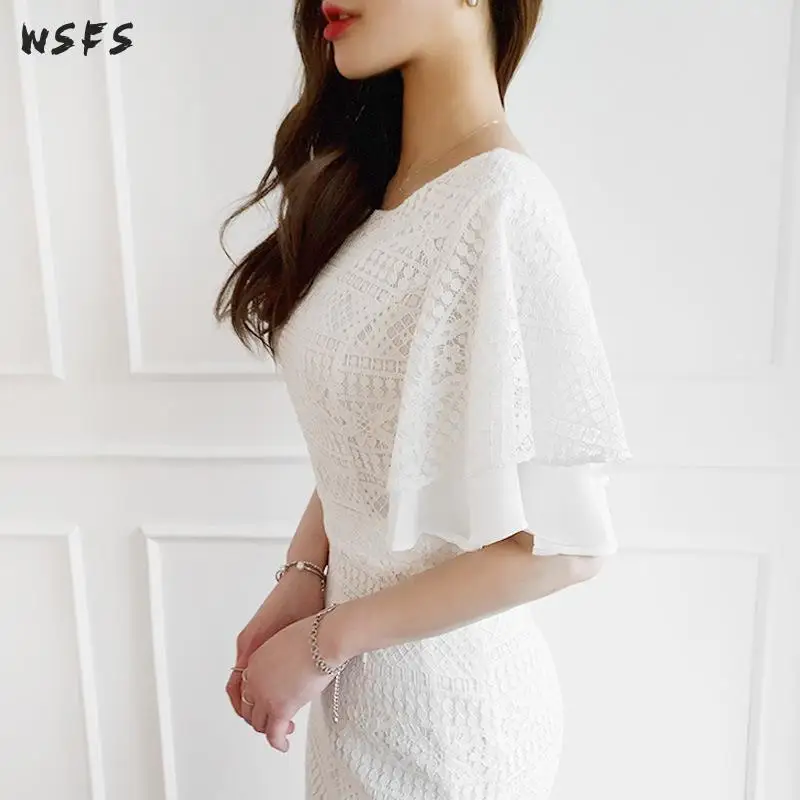 Летние белые платья с запахом облегающее женское кружевное платье миди оборками