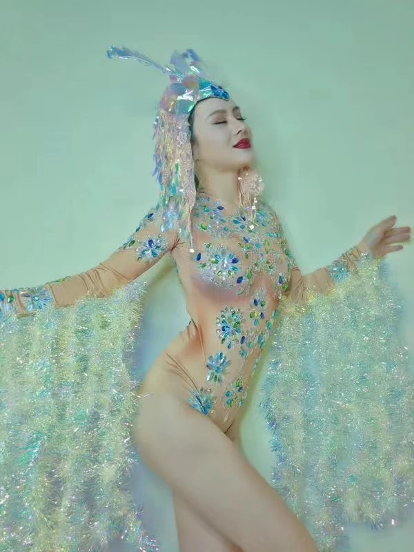 Multi Color Rhinestones Shiny Fringe Sleeve Bodysuit Elastic Crystals Bodysuits Nightclub Women DJ Singer Dancer Stage Costume