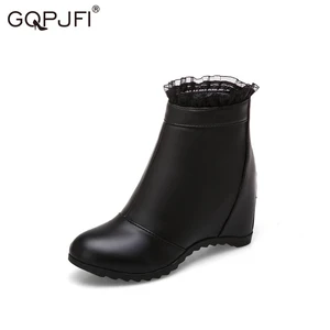 Simple Style Ins White Black PU Martin Ankle Boots Women Autumn Winter Shoes Round Toe Wedges Back Zipper Fashion Booties
