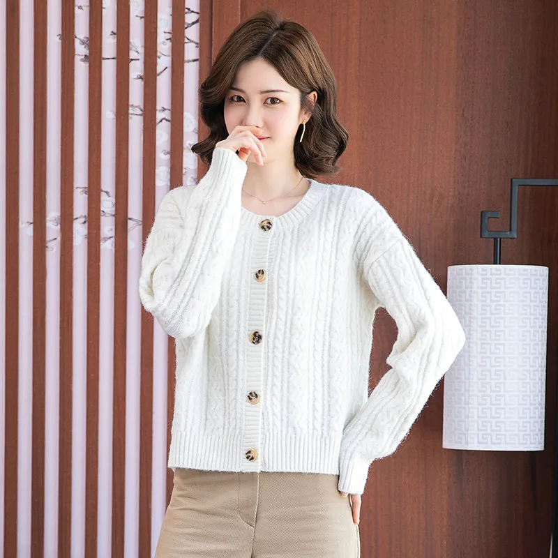 

Женский вязаный кардиган с косами, облегающий тонкий свитер с косами и цветами, осень 2021