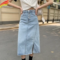 new 2021 summer long denim skirt women four buttons high waist a line jeans skirts blue one side slit street style jupe en jean