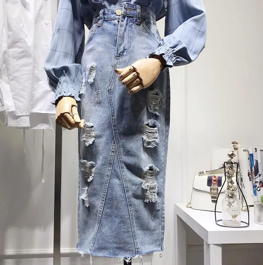 

plus size 2XL jean Skirt Women High Waist Denim Skirt Spring Summer Ripped Hole Split women pencil Skirt r827