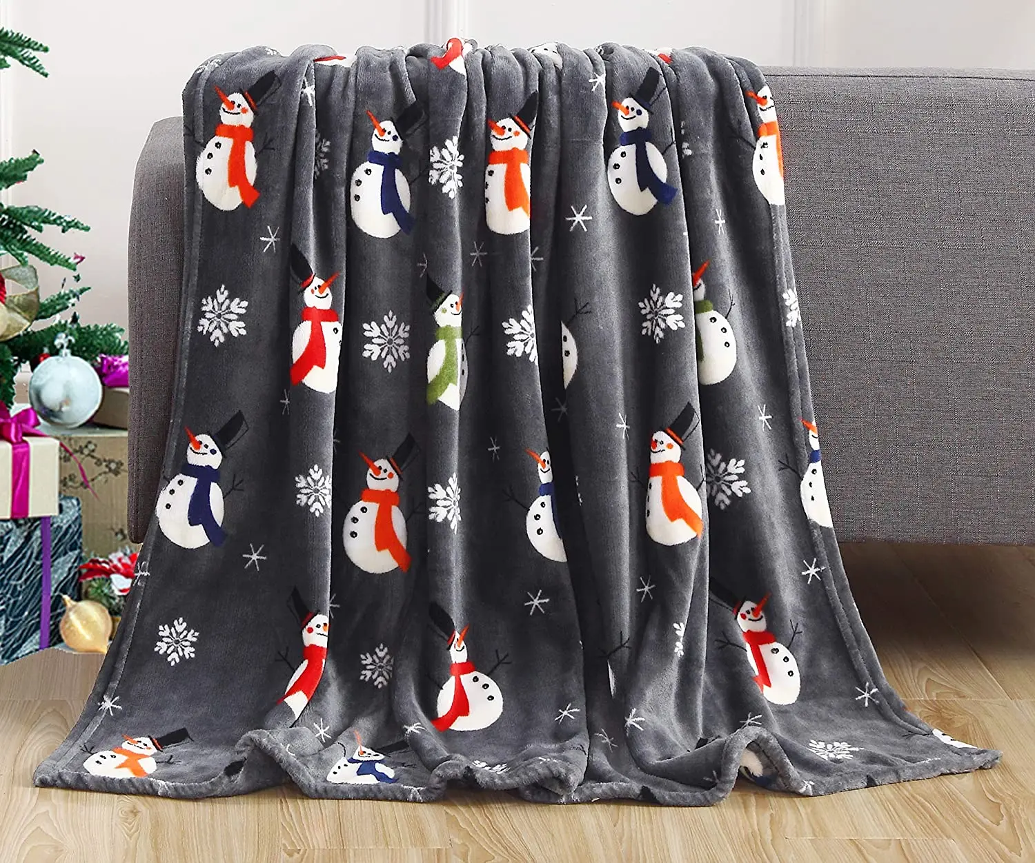 

Comfort Luxury Soft Christmas Prints Fleece Blanket-Holiday Theme Home Fuzzy Warm Snowman Flake Gray