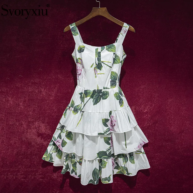 

Svoryxiu Runway Summer Sexy Spaghetti Strap Cotton Dress Women's Cascading Ruffle Rose Flower Print White Charming Dresses XXL