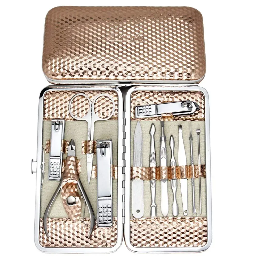

12pcs/set Professional Toe Nail Clipper Scissors Nail Care Kit Manicure Grooming Set with Travel Case Golden Color Nail Repair