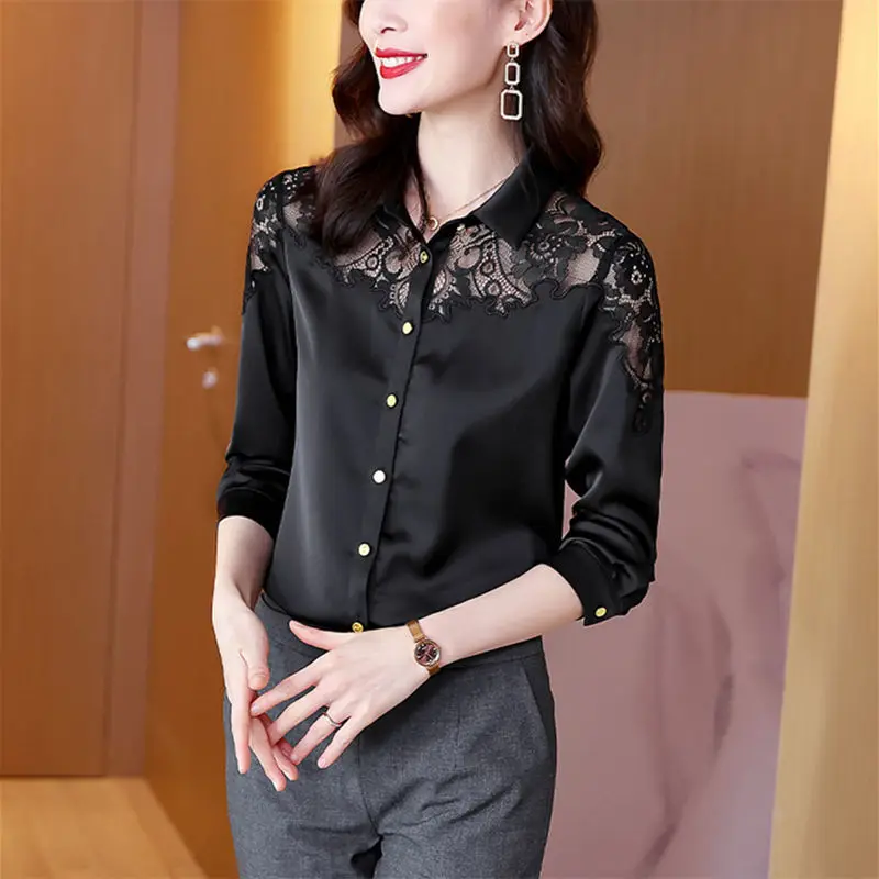

Women Spring Autumn Style Chiffon Blouses Shirts Satin Lady Embroidery Long Sleeve Turn-down Collar Lace Decor Blusas Tops X257