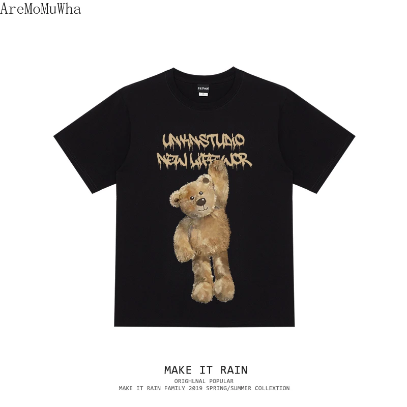 

Мужская и женская футболка с коротким рукавом, футболка в стиле хип-хоп с круглым вырезом и принтом медведя, лето 2021