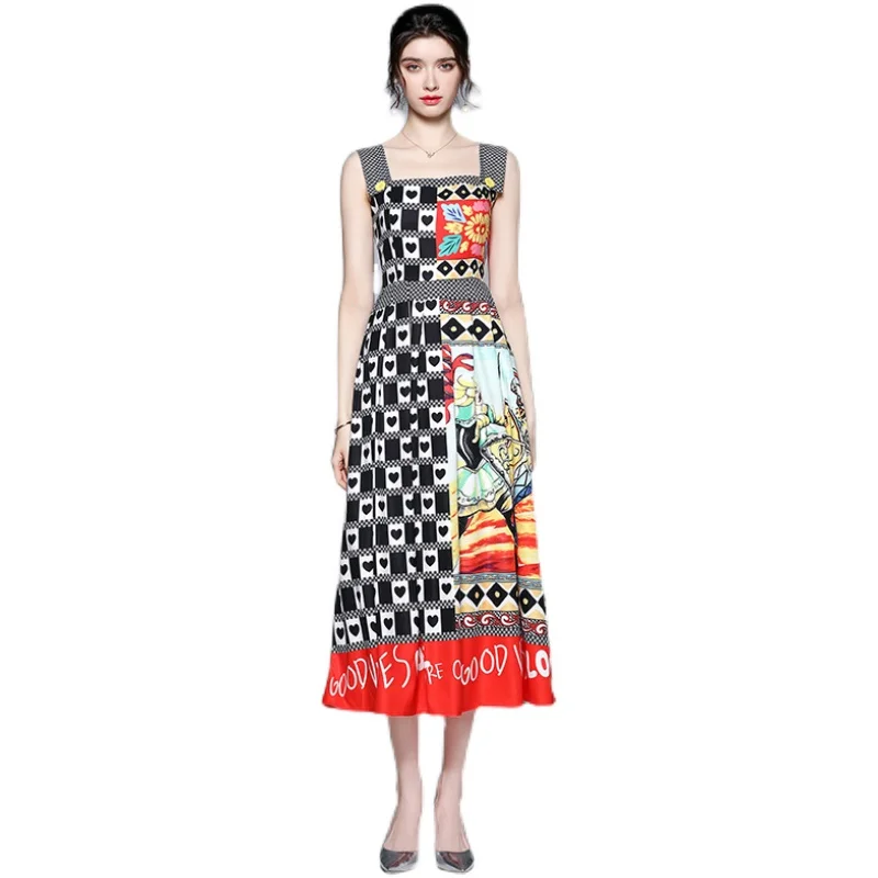 

Fashion Suspender Dress Woemn Square Collar Printed Pastoral Style Satin Clothes Summer New Real Shots