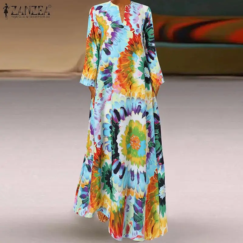 

ZANZEA Bohemian Floral Printed Maxi Sundress Women V Neck Long Sleeve Party Dress Female Summer Holiday Long Vestidos Kaftan