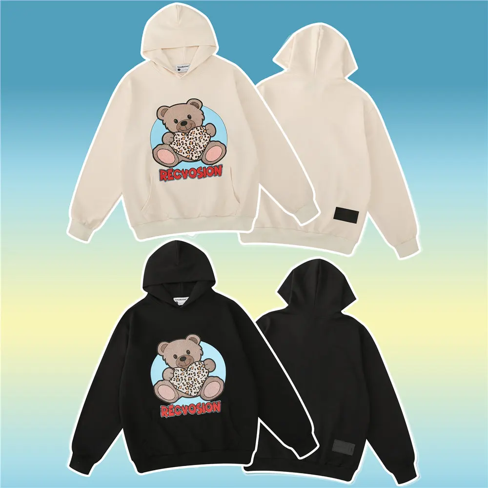 

Hoodies Men Digital Cute Bear Print Oversized Streetwear Hip Hop Harajuku Pullover Hoodie Cotton Autumn Black Pockets Hoodie