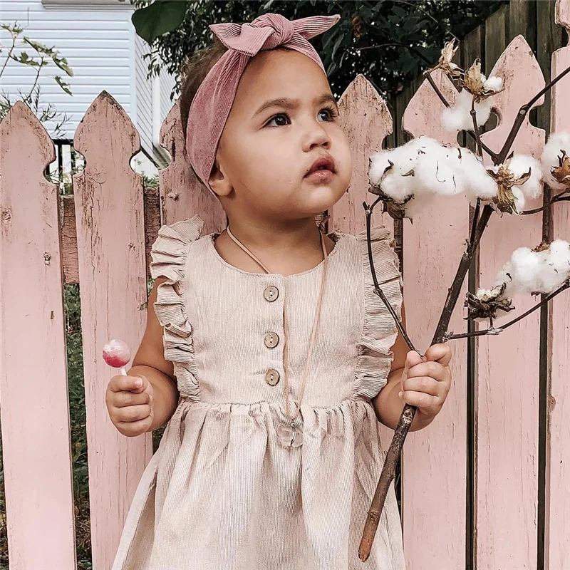 

1-6Y Baby Girls Ruffle Sleeve Dress, Button Down Summer A-line Dress, Sleeveless Solid Color Princess Dress