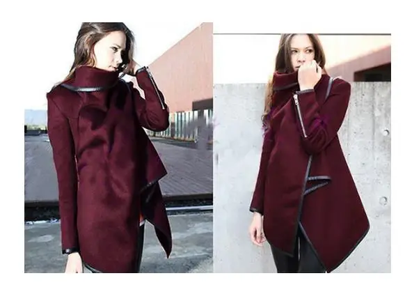 

New Women Coat Asymmetric PU Piping Zipper Pockets Fashion Slim Wool Trench Winter Coat Color Navy Gray Casacos Femininos S-XXL