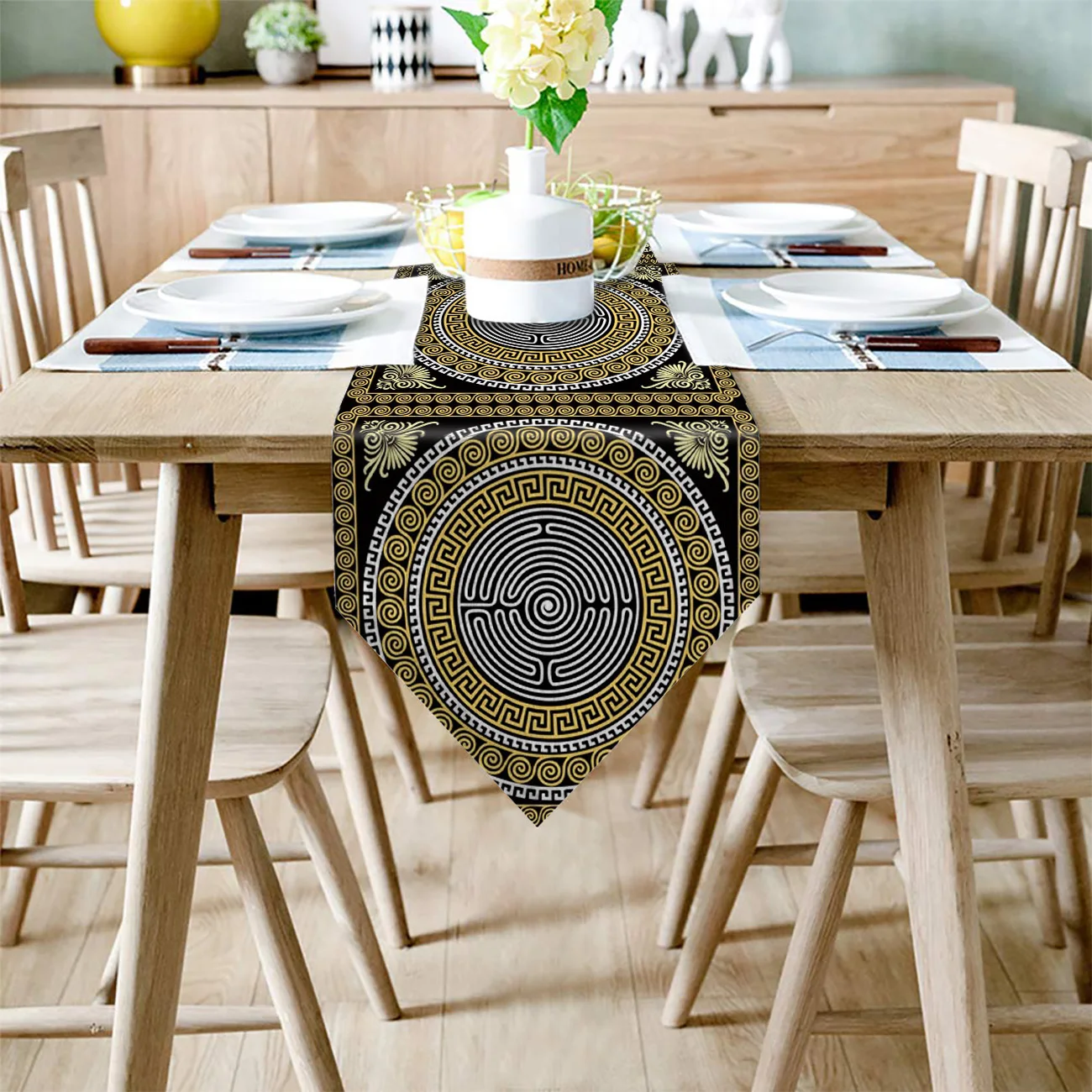 Circle Pattern Black Golden Yellow Greece Table Runner Flag Home Party Decorative Tablecloth Runners | Дом и сад