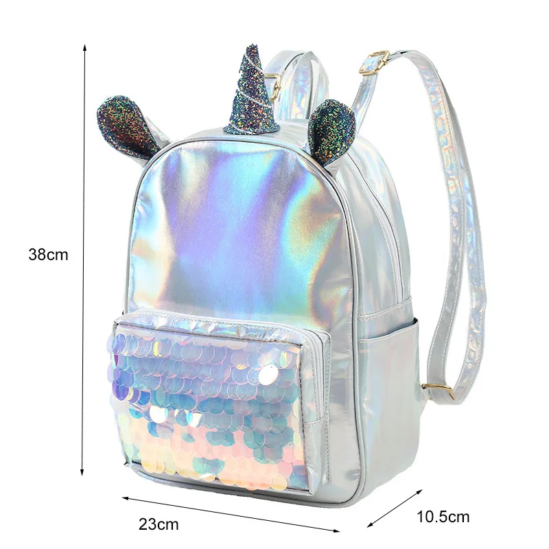 Silver Woman Small Backpack Pu Leather Bag for Kids Girls Holographic Fabric Cartoon Small Bags Sequins Children Bags