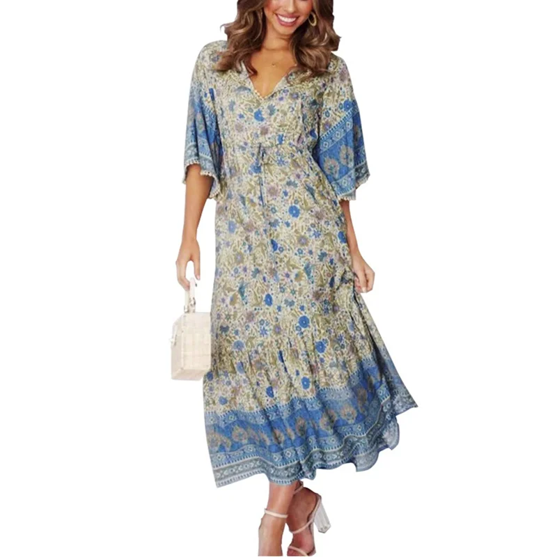 Платье женское в стиле бохо для отпуска Пляжное Свободное платье цыганском с