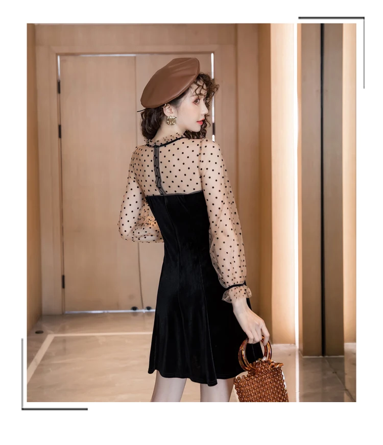 Модное Сетчатое мини-платье тонкое черное платье с круглым вырезом и длинным