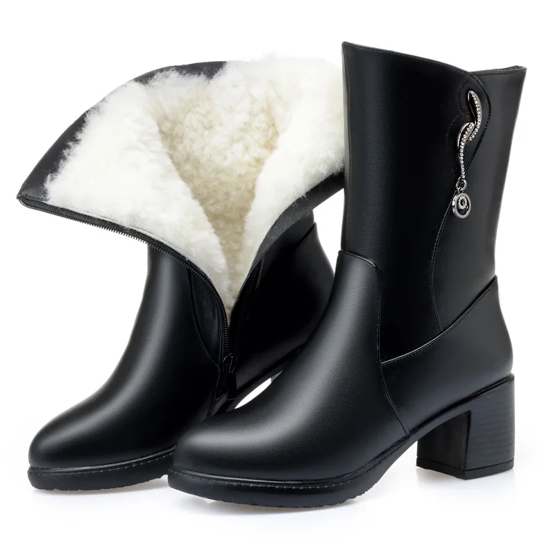 

Winter leather fleece-lined mid-calf boots women Women's thick heel mom cotton shoes woman thickened warm wool boots mujer