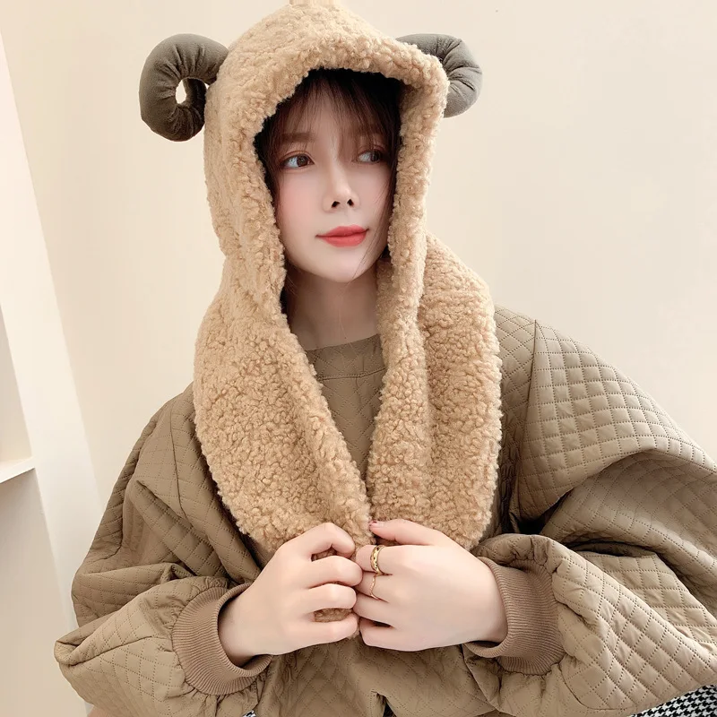 Kasure женская зимняя теплая плюшевая цельная шапка шарф с овечьими ушками меховая