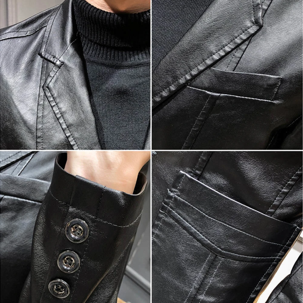 Осенне зимний мужской однотонный костюм из искусственной кожи куртка с длинным