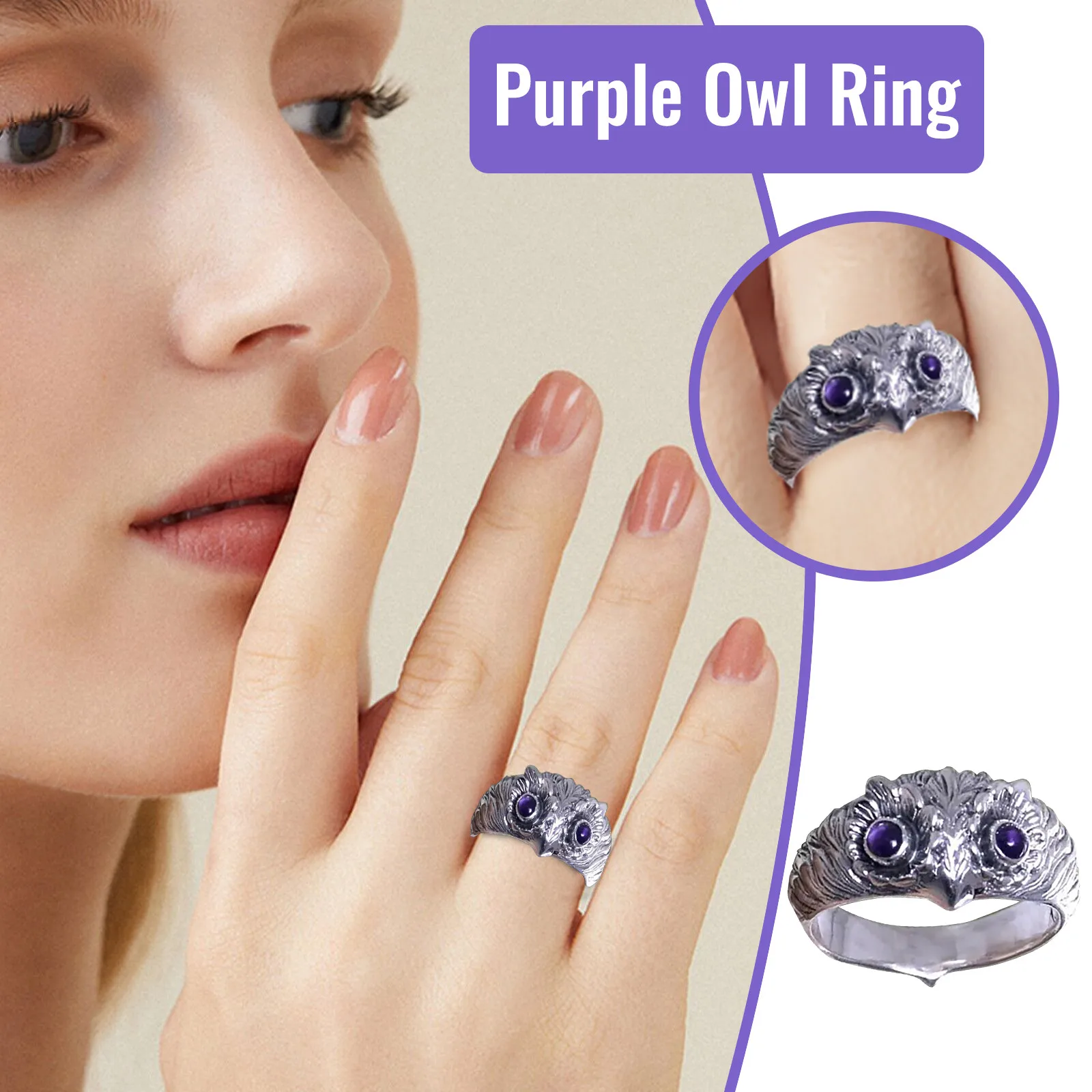 Женское кольцо в стиле ретро с фиолетовыми глазами виде совы милыми животными