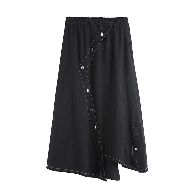 

Women Fashion Tide New Spring Autumn 2021 High Elastic Waist Black Button Irregular Split Joint Half-body Skirt