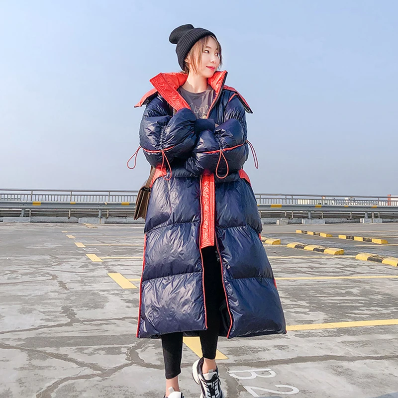 Длинный Зимний пуховик женская теплая парка с капюшоном куртка 2021 зимняя на
