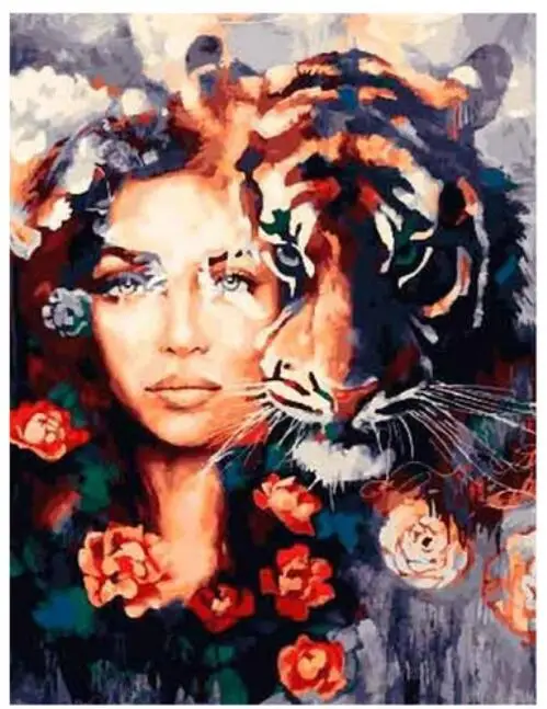 Картина "Красавица и Чудовище" с бриллиантовым вышиванием, изображающая женщину-тигра.