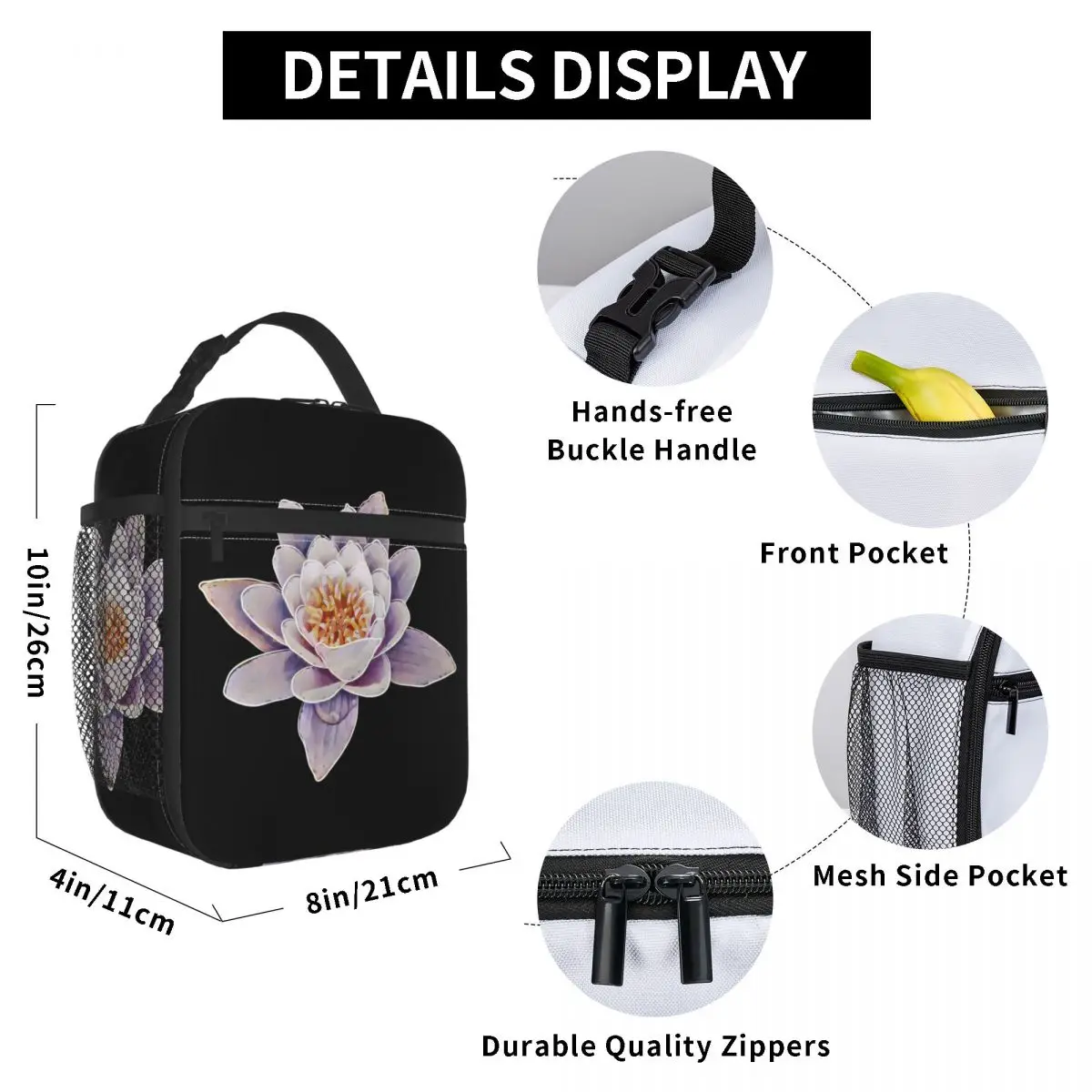 

Lotus Flower Lunch Bag for Women Men Large Insulated Lunch Box with Water Bottle Holder and Pockets