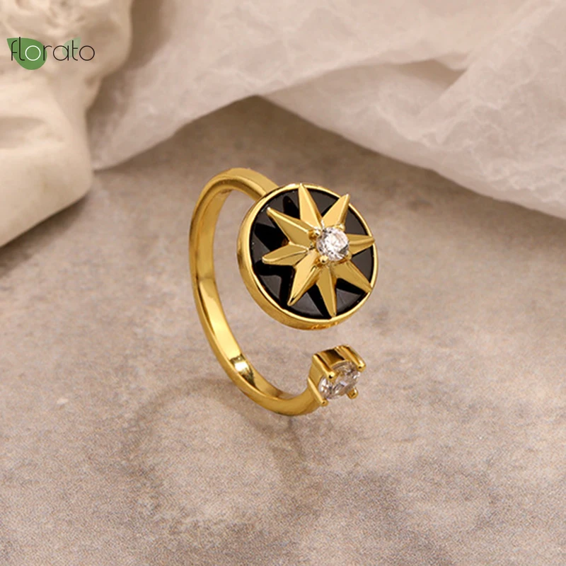 

24K Gold-Plated Enamel Adjustable Open Rings for Women Rotatable Stars Zircon Couples Marry Engaged Rings Fashion Jewelry Gift