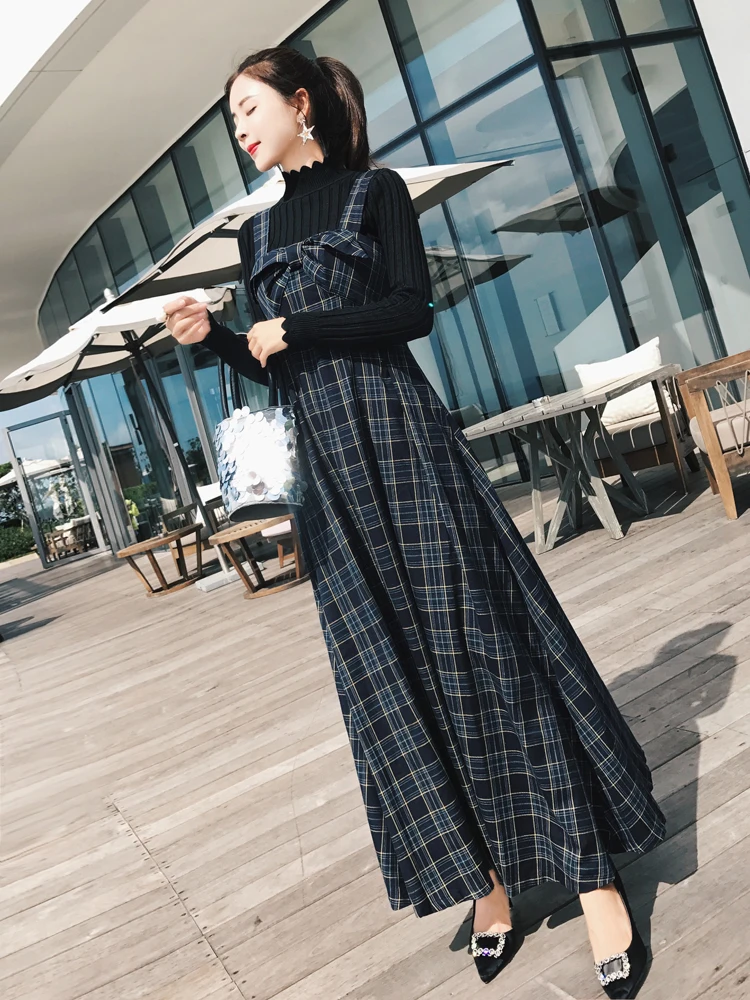

New autumn winter women plaid straps suspender overalls dress with sweet cute sweater two pieces set lady dress and sweater