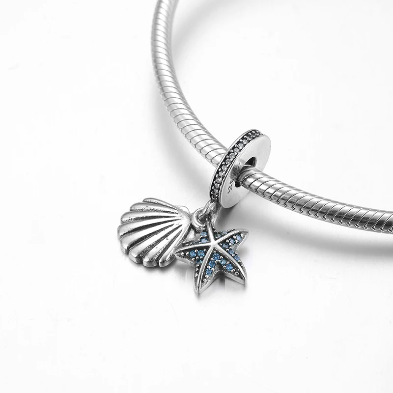 Оушен серии 925 стерлингового серебра Блестящий CZ ракушка и морская звезда кулон