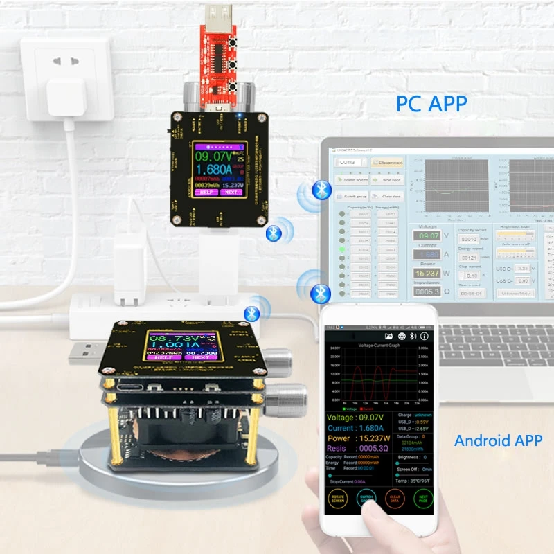QI Беспроводное зарядное устройство Тестер цветной TFT Bluetooth Android App USB измеритель
