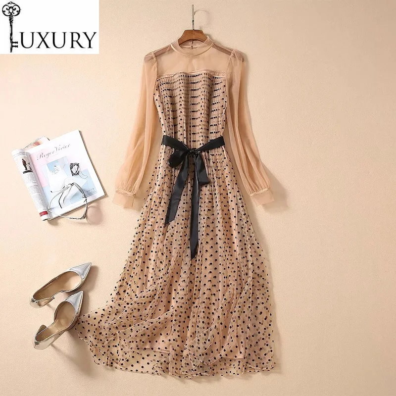 

2020 Newest Fashion Designer Spring Summer Women Sexy Sheer Mesh Patchwork Long Sleeve Mid-Calf Polka Dot Dress Female