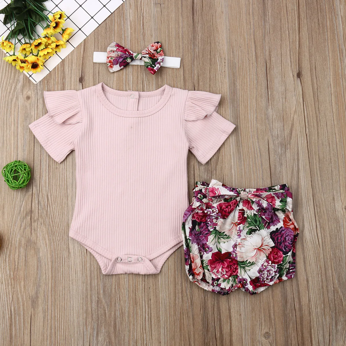 3Pcs Newborn Infant Baby Girl Summer Clothes Short Sleeve Ribbed Bodysuit+Floral Shorts Pants+Headband Outfits Set 0-18M | Детская