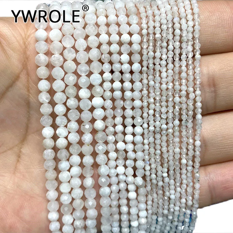 

YWROLE Natural Gem Stone White Moonstone Faceted Round Spacer Beads For Jewelry Making DIY Bracelet Necklace 2/3/4MM 15''