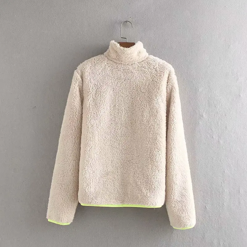 

Autumn and Winter Women's Fashion Contrast Color Zipper Pockets Comfortable Plush Jacket Coat