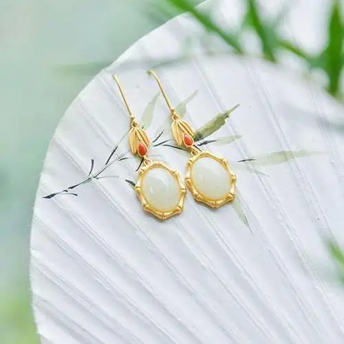 

Bamboo ''Natural Hetian Jade White Jade Bamboo Earrings 925 Sterling Silver Jade Eardrops Classical Earrings Gift